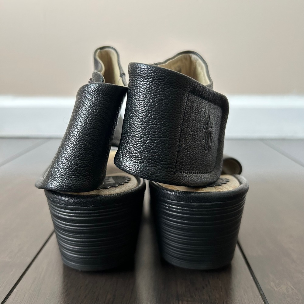 Fly London Yone Black Leather Wedge Peep Toe Platform Sandals Size 38 - Picture 4 of 9